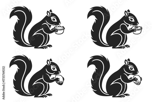 Cute squirrel eating food minimalist icon set