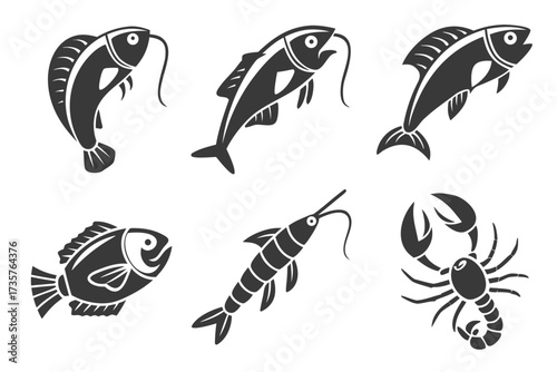 Minimalist damselfish icon set in black and color