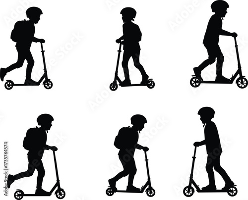 Child silhouette riding scooter, kid with helmet and backpack, outdoor activity, school commute, fun exercise, transportation, active lifestyle, safe play