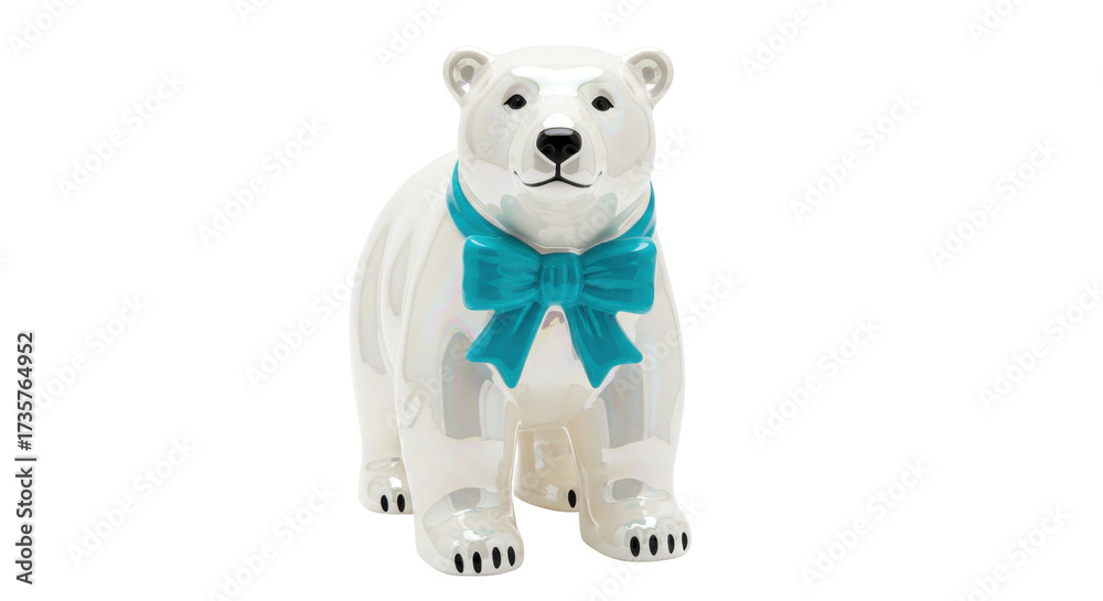 Naklejka premium Ceramic polar bear figurine with blue bow isolated on transparent background, cute animal decoration for holiday season