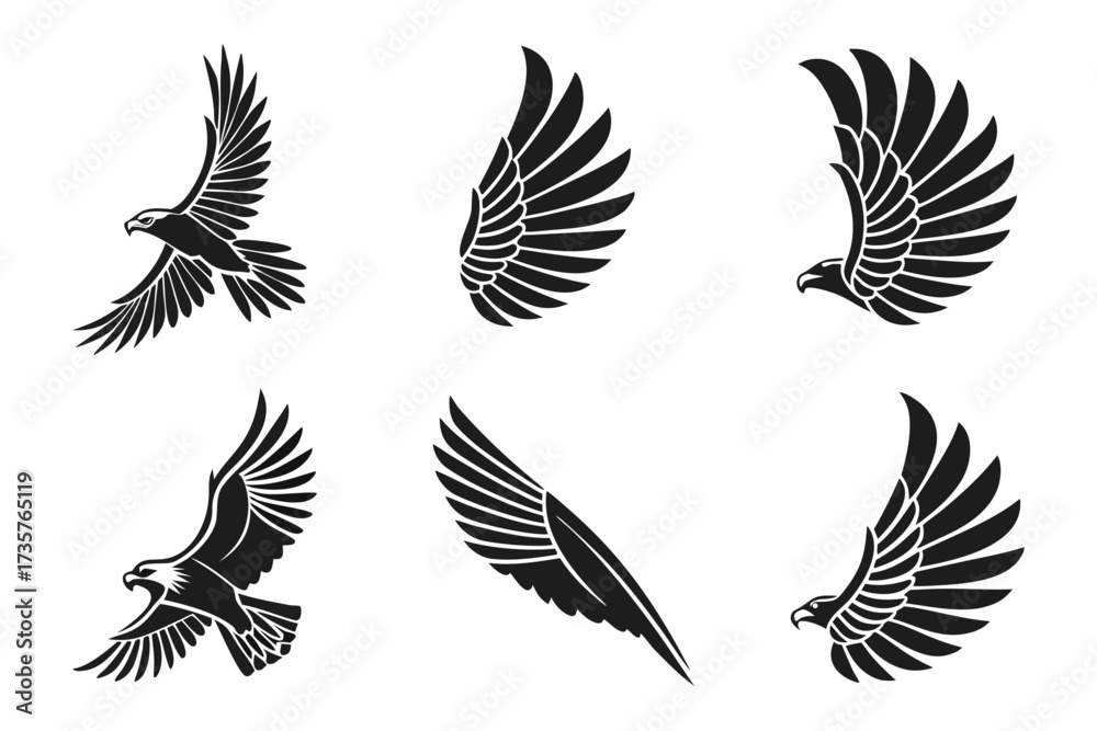 Fototapeta premium Minimalist eagle wing icon set in black and yellow