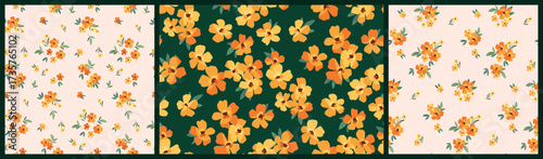 Seamless floral pattern, liberty ditsy print of mini hand drawn plants. Cute botanical design collection of small yellow flowers, tiny leaves, simple bouquets. Textile fashion, vector illustration.