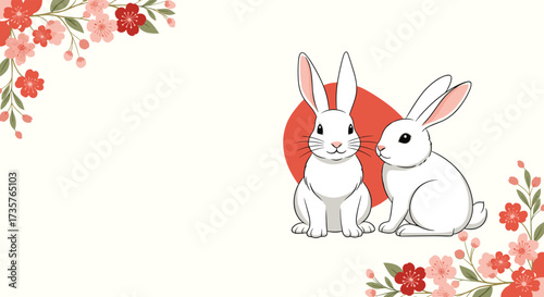 Two white rabbits sit in front of a red sun surrounded by cherry blossoms.