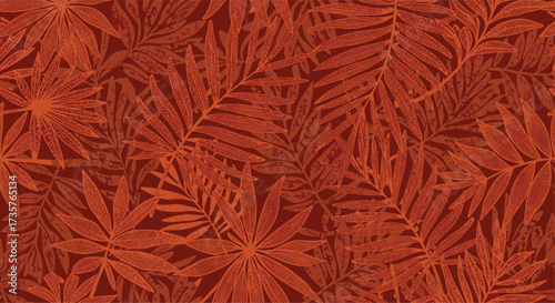 An abstract pattern of overlapping dark red fern leaves creating a rich and textured background.