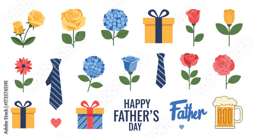 Collection of gift and flower elements for father's day.