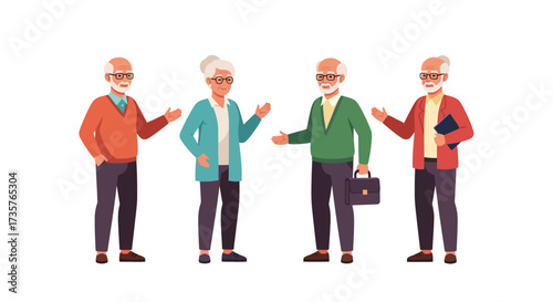 Four elderly people are standing and interacting with each other in a group setting.