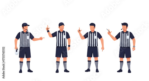 Four referees in striped uniforms stand in a row, each making a different hand signal.