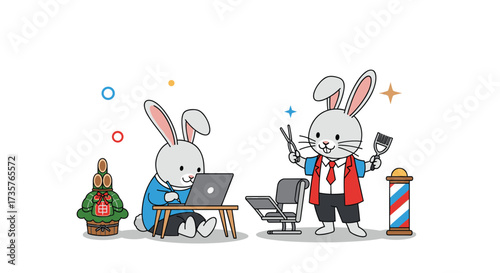 Cute cartoon rabbits working and providing barber services.