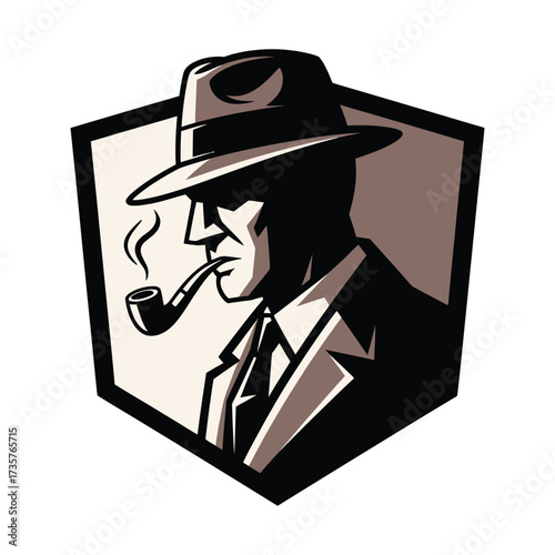 Vintage noir style illustration of a man in hat and suit smoking a pipe with mysterious expression