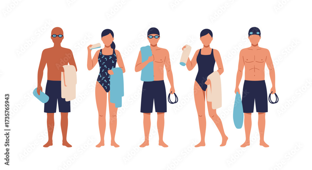 Obraz premium Five diverse swimmers, each holding towels and swim gear, ready for aquatic activity.