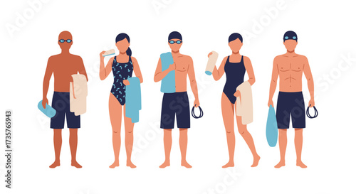 Five diverse swimmers, each holding towels and swim gear, ready for aquatic activity.