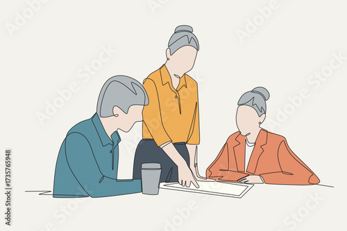 Colored focused team strategy session concept one-line drawing
