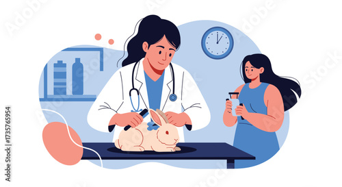 A veterinarian examining a rabbit while its owner looks on anxiously.