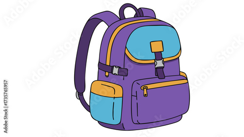 A colorful cartoon illustration of a purple backpack with blue and yellow accents, featuring straps and pockets.