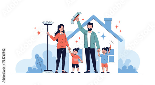 Happy family cleaning their new sparkling home together.