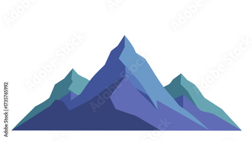 A stylized graphic illustration of a blue and teal mountain range with sharp, angular peaks on a white background.