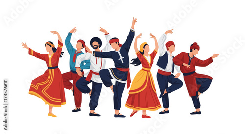 A diverse group of people in traditional attire dancing together, celebrating a cultural event.
