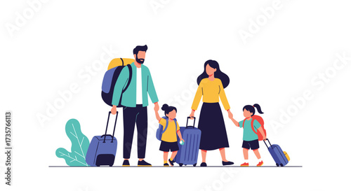 A family with suitcases is ready to go on an adventure.