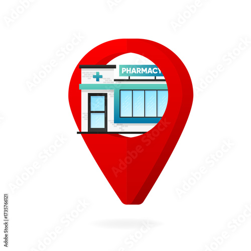 Pharmacy store location. Pharmacy location pin. Vector illustration.