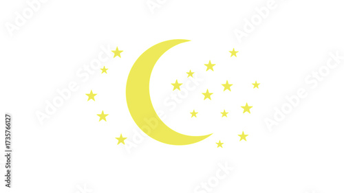 A simple graphic illustration featuring a yellow crescent moon surrounded by numerous small yellow stars on a clean white background, evoking a peaceful night sky.