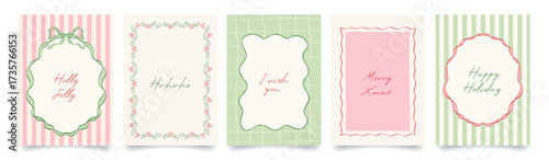 Christmas hand drawn border frames with whimsical lines, bows, ribbons in coquette style. Xmas cute backgrounds in red, green and pink colors. Minimalist holiday posters, invitation, greeting card.