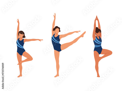 Three stylized illustrations depicting a female gymnast performing various ballet poses.