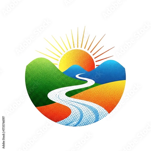 Colorful abstract landscape icon with a winding river and sunrise.