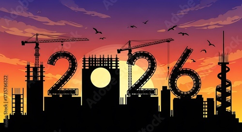 Construction Cranes Building the Year 2026 Skyline at Sunset.