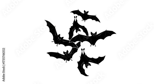 A group of bats flying in a circular pattern against a white background.