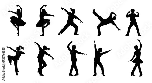 Silhouetted figures performing various dance moves and athletic poses, isolated on white.