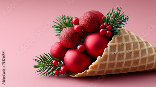 Christmas waffle cone filled with red ornaments and pine branches  