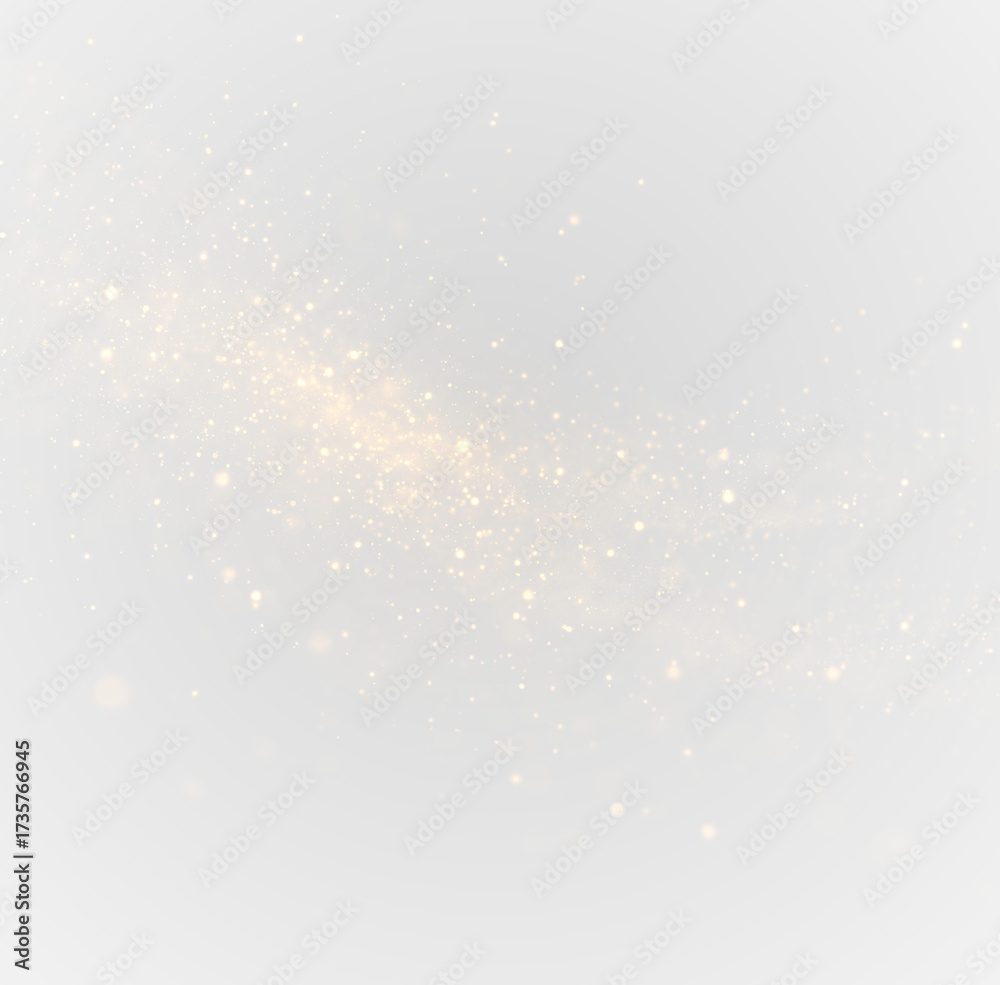 Obraz premium Sparkling golden dust light PNG, luxury glitter overlay, festive Christmas bokeh confetti texture, glowing holiday design element illustration.