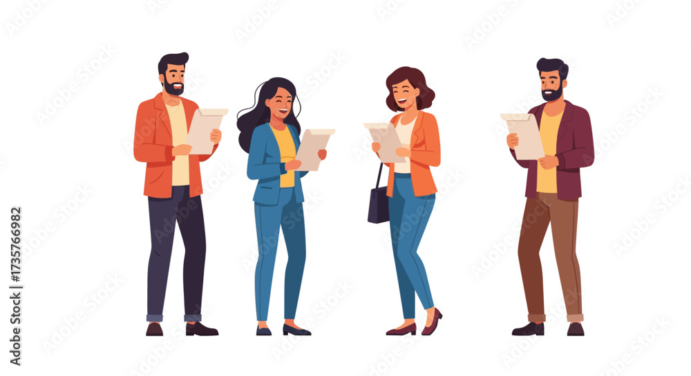 Obraz premium Four diverse individuals holding papers, possibly documents, engaged in reading or reviewing.