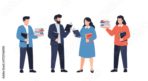 Four diverse individuals holding books, some reading, others carrying stacks, on a white background.