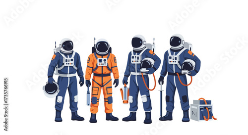 Four astronauts stand side-by-side, wearing spacesuits of varying colors, holding equipment, ready for space exploration.