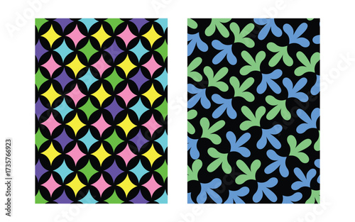 Vibrant geometric patterns featuring colorful shapes on a black background design
