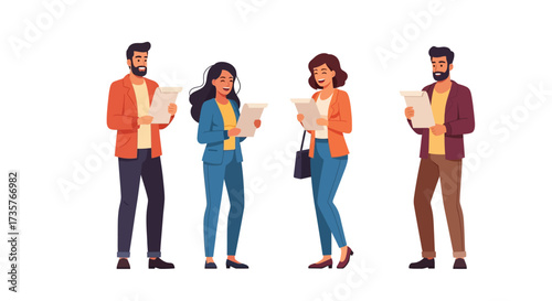 Four diverse individuals holding papers, possibly documents, engaged in reading or reviewing.