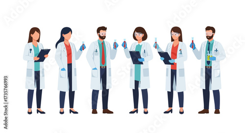 Group of diverse scientists in lab coats holding test tubes and clipboards, conducting research.