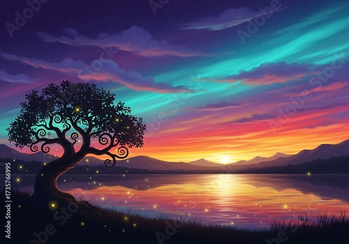 Enchanted Lake Sunset - A Whimsical Landscape Painting.
