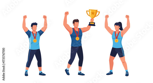 Three athletes celebrate victory, holding a trophy and raising arms in triumph.