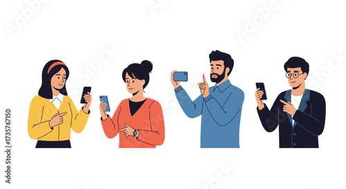 Four diverse individuals interacting with smartphones, engaging in various actions like pointing and recording.