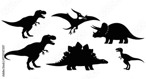 A collection of dinosaur silhouettes including Tyrannosaurus Rex, Triceratops, Stegosaurus, Pterodactyl, and a smaller theropod.