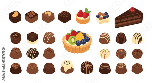 An assortment of delicious chocolates and fruit tarts in a sweet display.