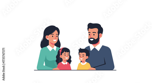 A smiling family of four, parents and two children, standing together, happy.