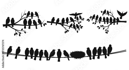 Silhouetted birds perched on branches and a wire, with one bird flying and a nest present.
