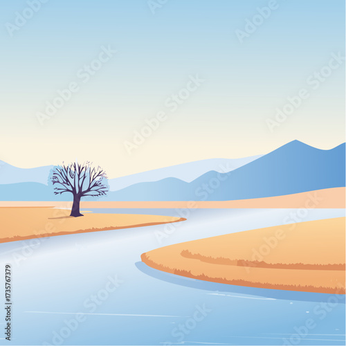 Floodplains in winter, solitary tree, early mist