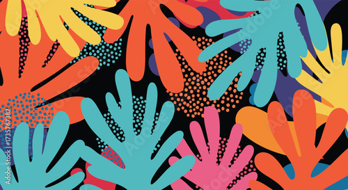 A vibrant and colorful abstract pattern with organic shapes and textured dots.