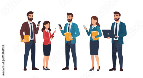 A group of diverse business professionals interacting with technology, holding devices.