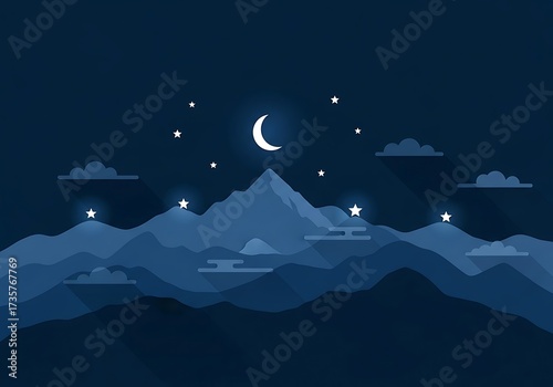 Nighttime Mountain Landscape with Crescent Moon and Stars.