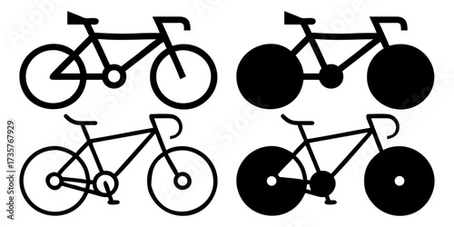 Vintage or modern bicycles, vector illustrations, or silhouettes depict the transport, sport, and design of a bike with wheels for a ride
